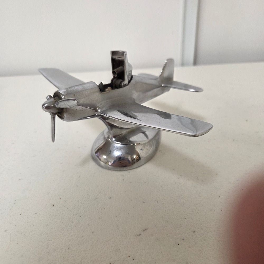 Vintage Chrome Airplane Table Lighter Art Deco Propeller Plane Made in USA